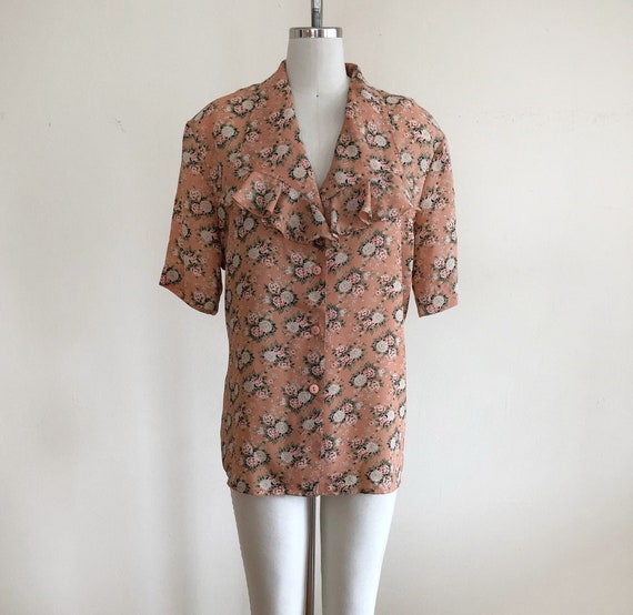 Light Pink Floral Print Blouse with Oversized Col… - image 1