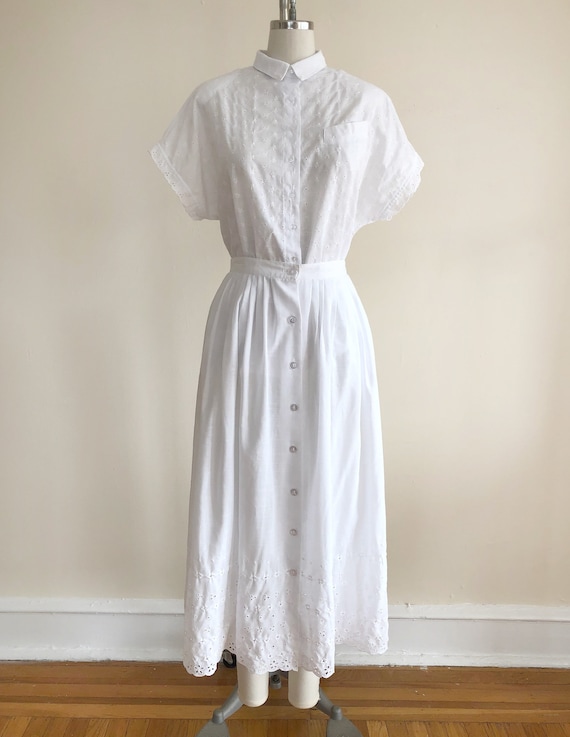 White Eyelet Matching Blouse and Skirt Set - 1980s