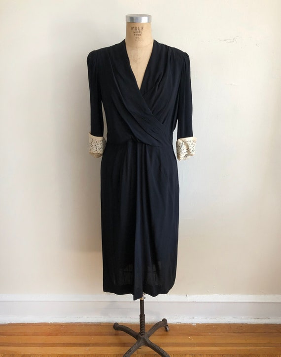 Black Crepe Surplice Dress with Lace Cuffs - 1940s - image 2