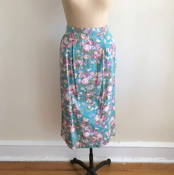 Teal and Pink Floral/Rose Print Cotton Midi Skirt 1980s