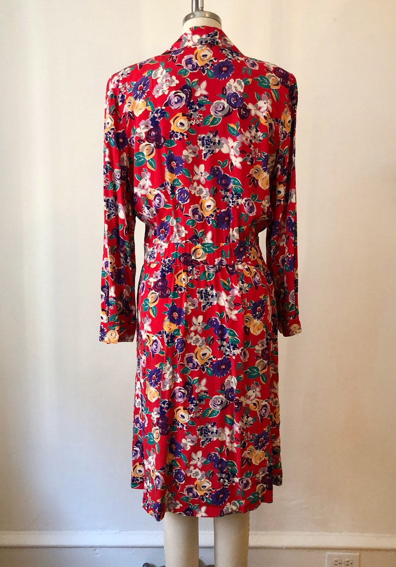 Bright Red Floral Print Midi Dress 1980s