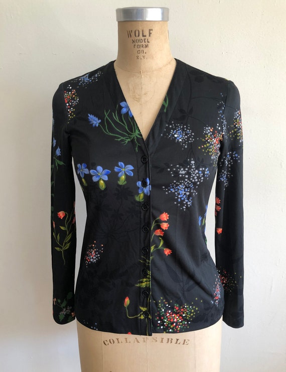 Black Floral Print Blouse - 1970s - image 2