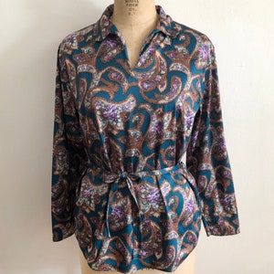 Teal and Brown Floral Print Blouse with Tie 1970s image 2