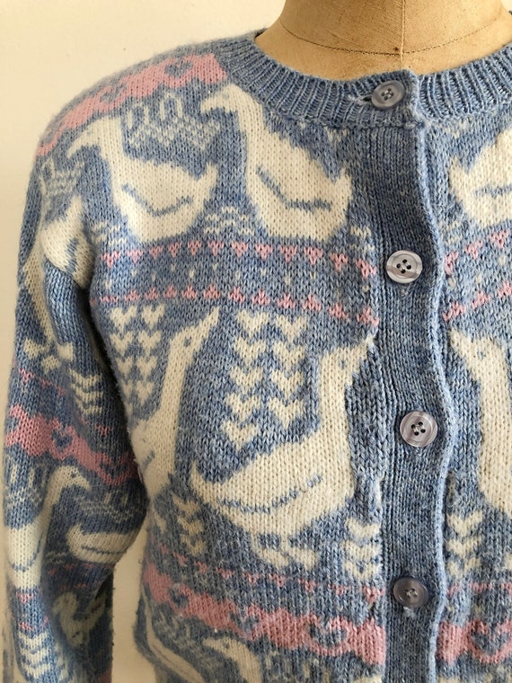 Pale Blue and Pink Duckling Motif Cardigan - 1980s - image 2