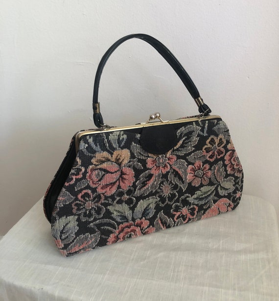 Black Floral Tapestry Handbag - 1960s - image 5