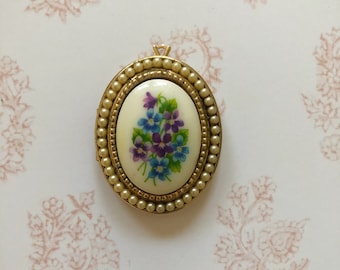 Blue and Purple Floral Locket Necklace Pendant - 1970s