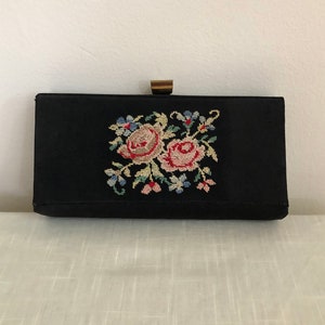 Small Black Clutch Purse with Floral Petit Point Decoration 1940s image 2