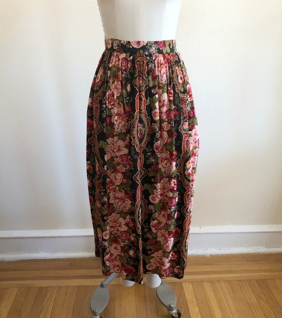 Floral/Tapestry Print Corduroy Midi Skirt - 1980s