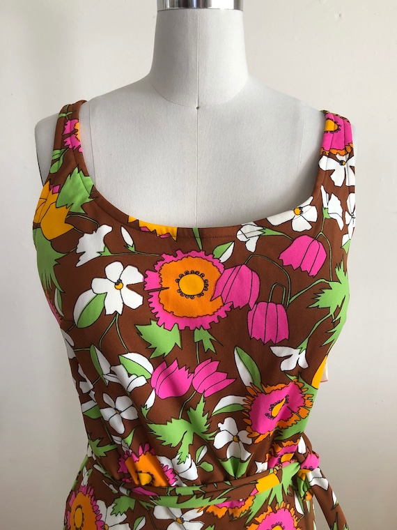 Brown Floral Print Swimsuit - 1970s - image 2