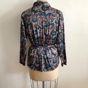 Teal and Brown Floral Print Blouse with Tie 1970s image 4