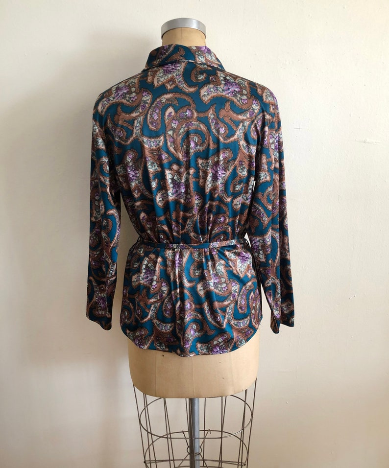 Teal and Brown Floral Print Blouse with Tie 1970s image 4