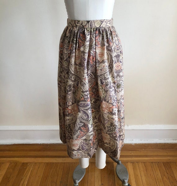 Brown Floral and Paisley Print Midi-Skirt - 1970s