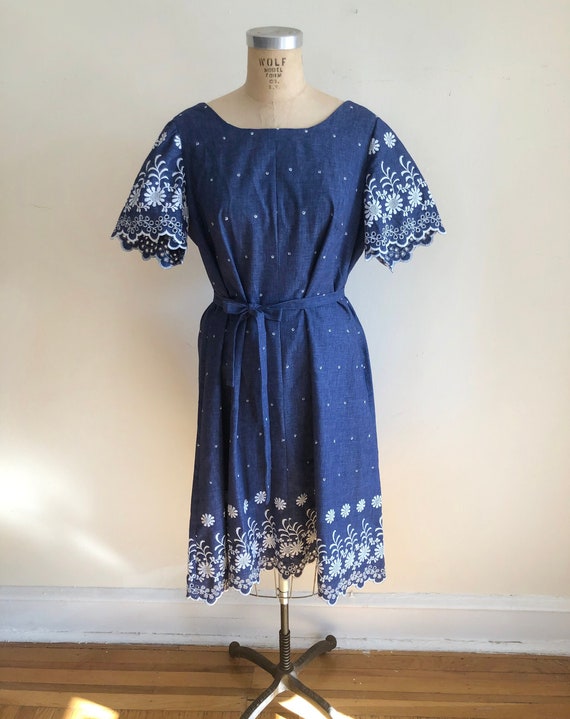 Embroidered Chambray Dress - 1970s