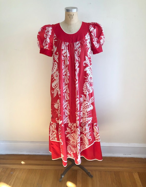 Red and White Floral Print MuuMuu - 1970s - image 1