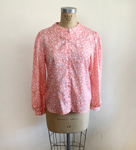 Coral and White Abstract Print Blouse with Oversi… - image 1