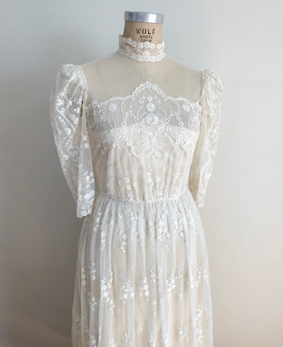 Cream Embroidered Net Dress with Mock-Neck - 1980s - image 4