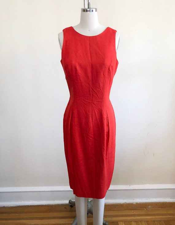 Red Sleeveless Linen Blend Mini-Dress - 1990s - image 1