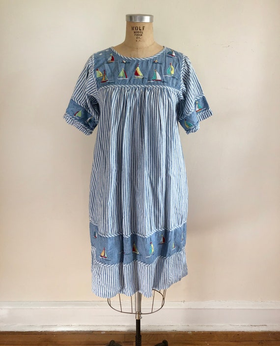 Sailboat Embroidered House Dress - 1980s