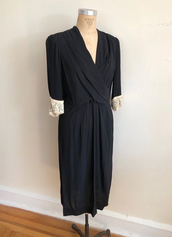 Black Crepe Surplice Dress with Lace Cuffs - 1940s - image 1