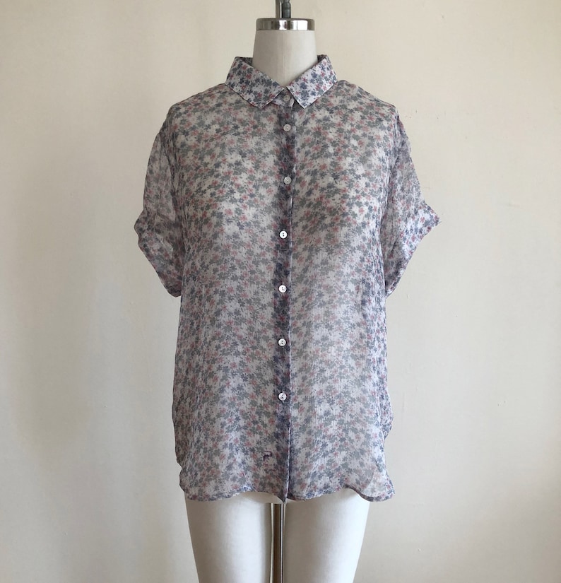 1990s Sheer Floral Print Silk Button-Down Shirt