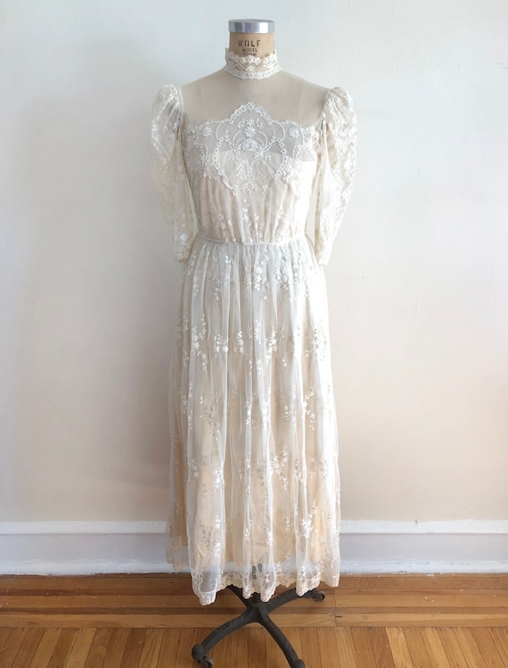 Cream Embroidered Net Dress with Mock-Neck - 1980s - image 1
