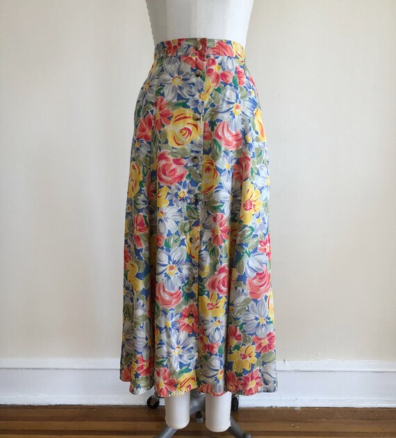Bright Floral Print Midi Skirt - 1980s