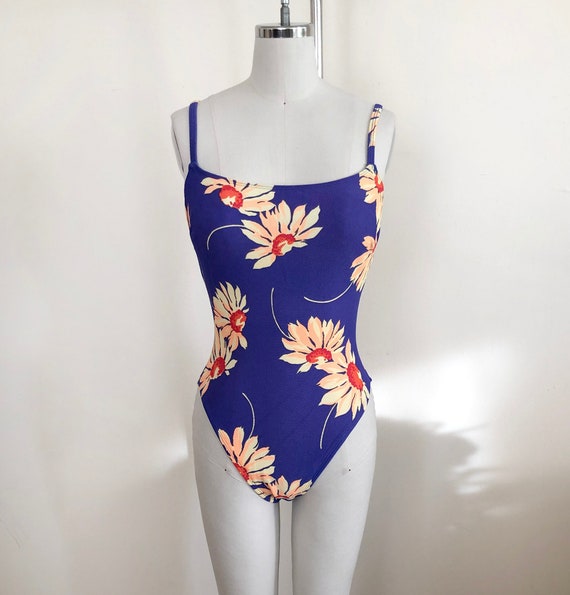 Bright Blue Sunflower Print Swimsuit with Lace-Up 