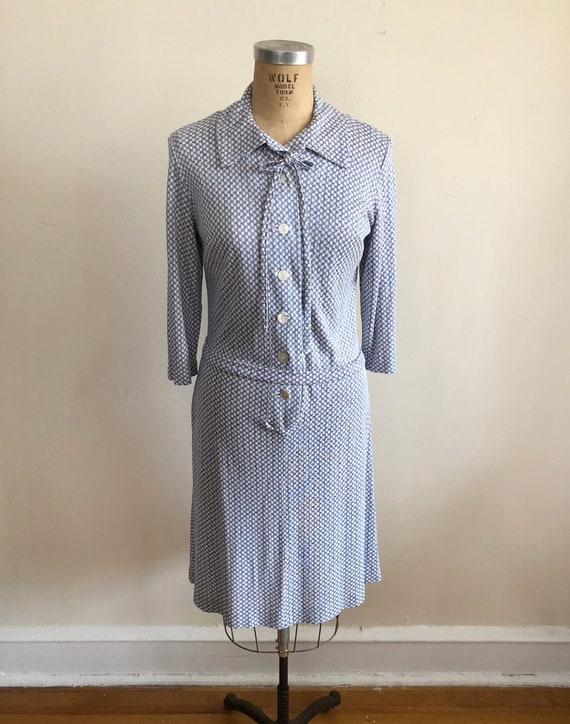 Blue and Cream Geometric Shirtdress - 1970s