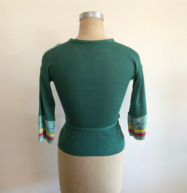 Green Southwest Motif Pullover Sweater with Tie Belt 1970s image 5