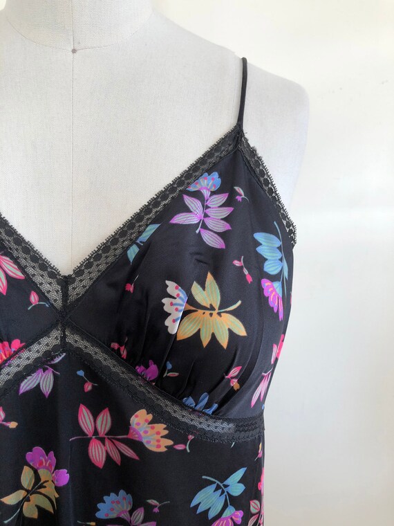 Black Floral Print Maxi-Slip/Nightgown - 1970s - image 3