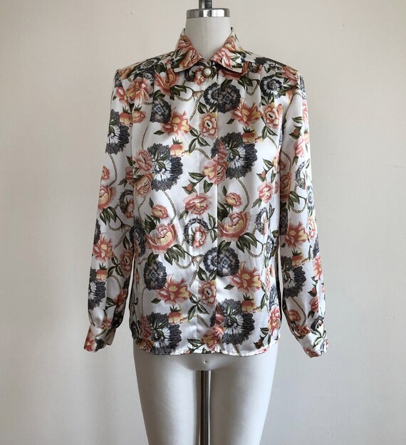 Floral Print Satin Blouse - 1980s