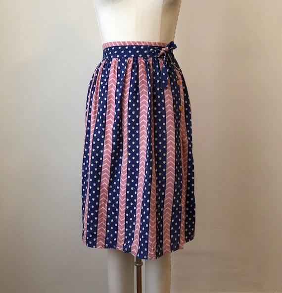 Blue and Pink Roller Print Cotton Wrap Skirt - 19… - image 1