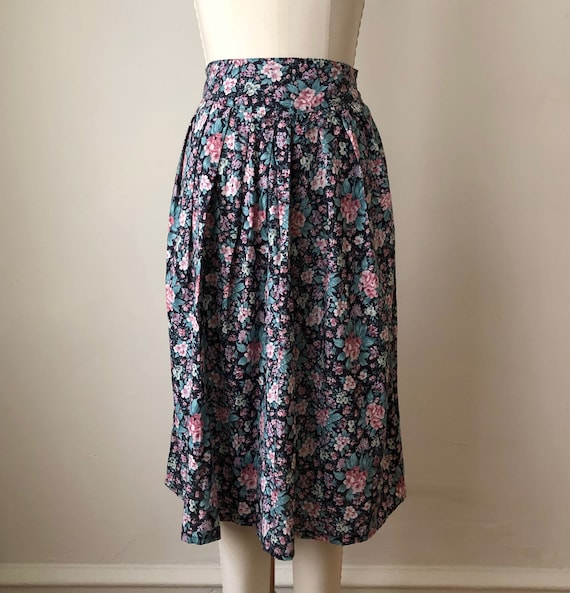 Black Floral Print Midi-Skirt - 1980s
