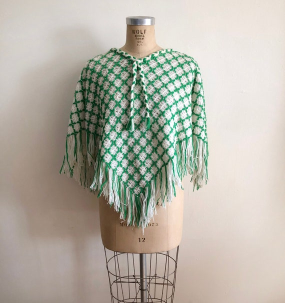 Green and Cream Loomed Poncho - 1970s