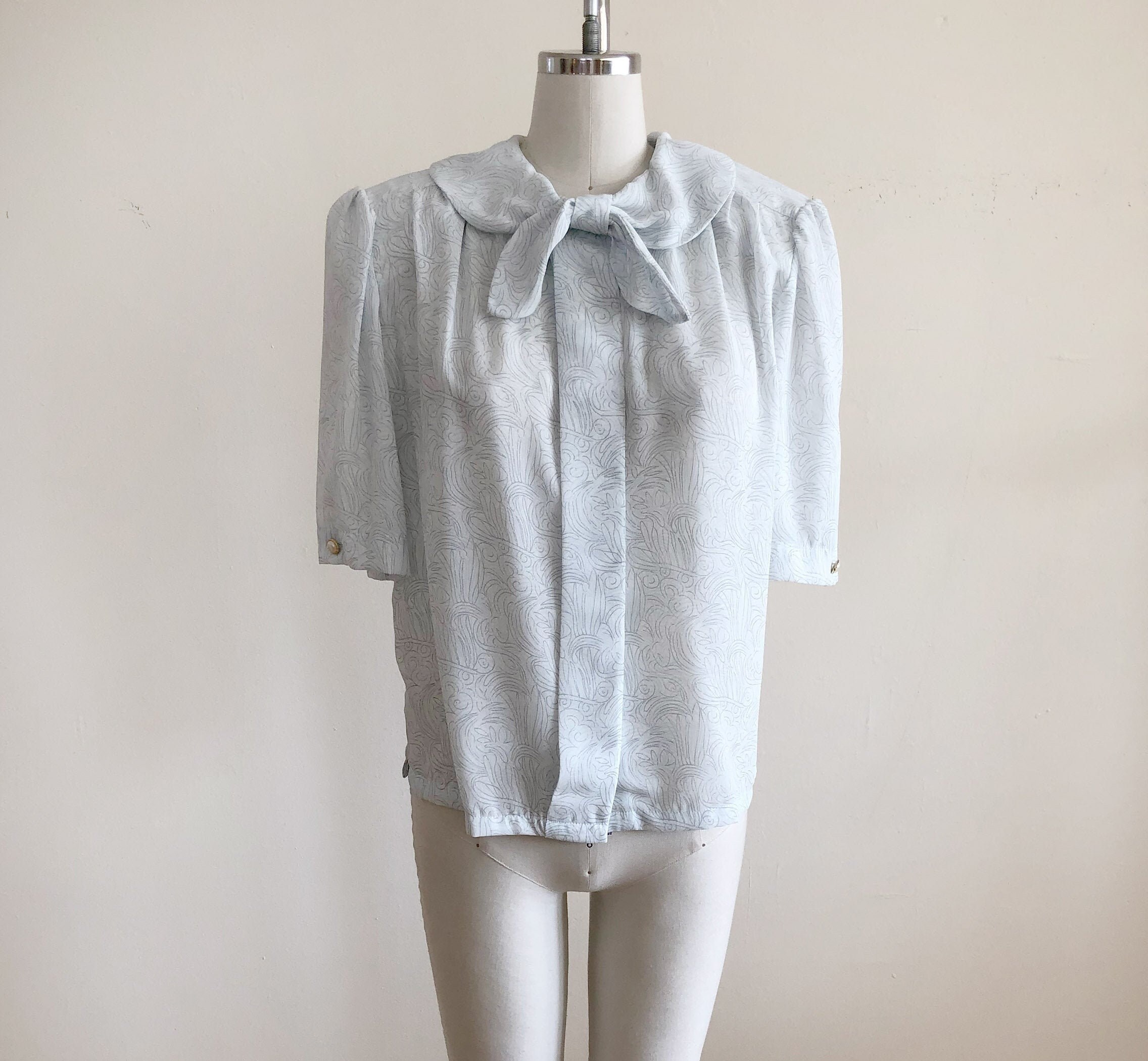 Light Blue and White Print Sheer Blouse 