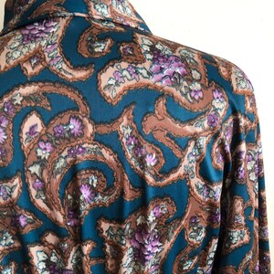 Teal and Brown Floral Print Blouse with Tie 1970s image 5