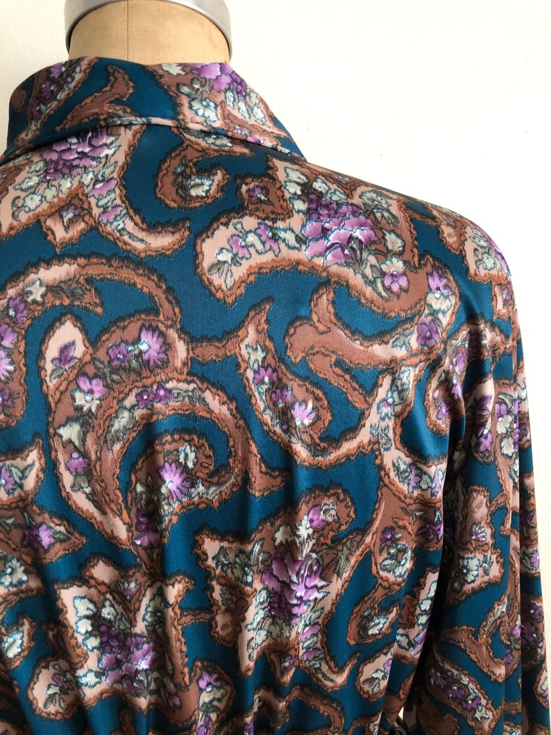 Teal and Brown Floral Print Blouse with Tie 1970s image 5