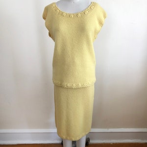 Pale Yellow Knit Top and Skirt Set with Floral Crochet Trim 1960s image 2