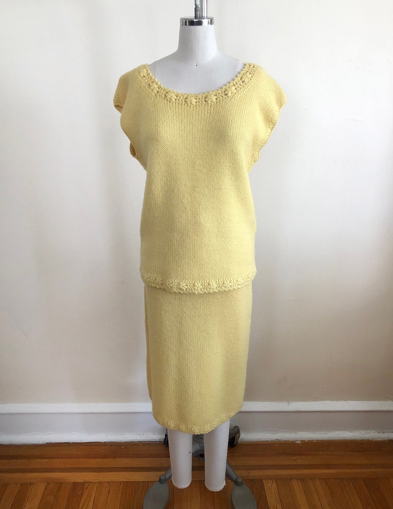 Pale Yellow Knit Top and Skirt Set with Floral Crochet Trim 1960s image 2