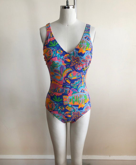 Colorful Fish Print Swimsuit/Bodysuit - 1980s - image 1