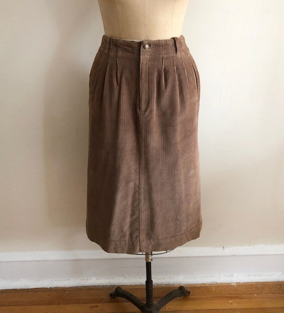 Brown/Tan Corduroy Midi-Skirt - 1980s