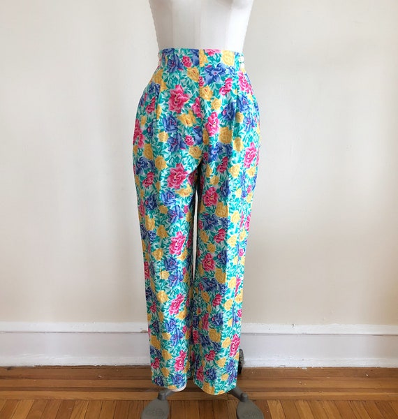 Bright Multicolored Floral Print Pants - 1980s