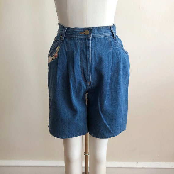 Pleated Blue Denim Shorts with Cherub Appliqué - 1