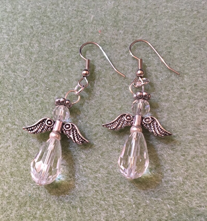 Clear Glass Bead Angel Earrings With Silver Colored Metal Etsy