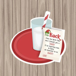 May include: A festive illustration featuring a glass of milk with a red and white striped straw, a red plate, and a note that reads "I'm Back" with a Santa hat. The note promises a treat and a report to Santa.