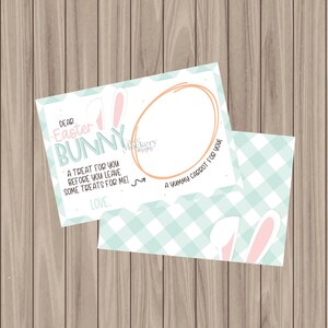 May include: Easter-themed card with text "Dear Easter Bunny" and "A treat for you before you leave some treats for me!" on a white background with bunny ears and a light blue gingham pattern. Includes a space for a photo.