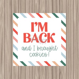 Puede incluir: Una etiqueta de regalo cuadrada blanca con rayas diagonales rojas y blancas. El texto "I'M BACK and I brought cookies!" está escrito en rojo.