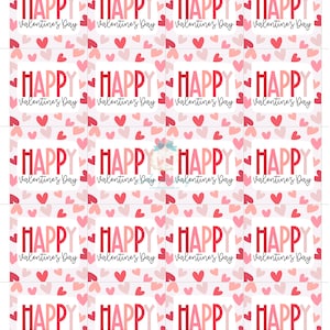 May include: A sheet of Valentine's Day stickers. Each sticker has the word "HAPPY" in red and pink, with "Valentine's Day" below. The background is a pattern of pink and red hearts.