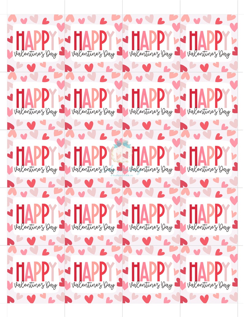 May include: A sheet of Valentine's Day stickers. Each sticker has the word "HAPPY" in red and pink, with "Valentine's Day" below. The background is a pattern of pink and red hearts.
