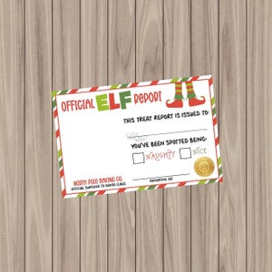 Puede incluir: Una tarjeta festiva de "Official Elf Report" con detalles en rojo, verde y blanco. La tarjeta incluye las palabras "Naughty" y "Nice" con casillas de verificación y "North Pole Baking Co." en la parte inferior. Hay un sello dorado.